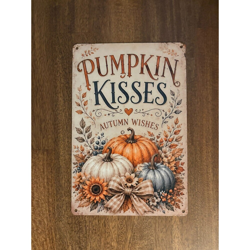 "Pumpkin Kisses & Autumn Wishes" Vintage Style Metal Tin Sign - 12x8